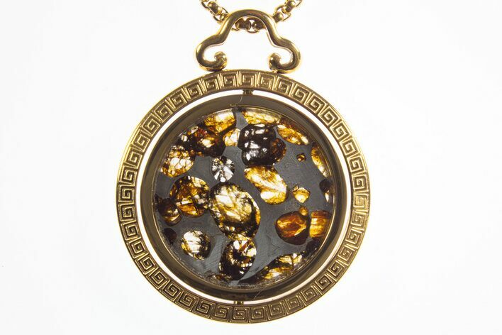 Sericho Pallasite Meteorite Pendant In Gold Rotating Frame #328661